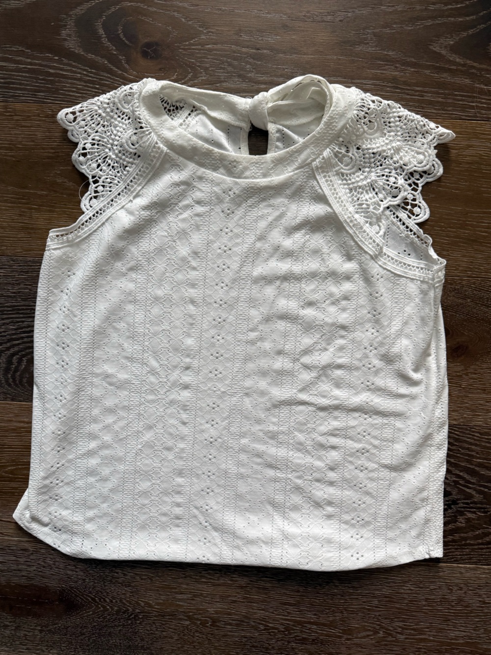 White Ribbed Textured Crochet Flutter Sleeve Top - White